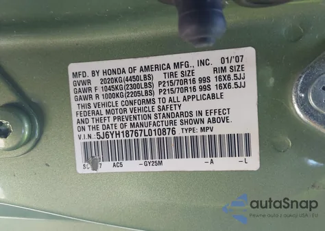 2007 Honda Element Ex from USA, damaged, VIN 5J6YH18767L010876